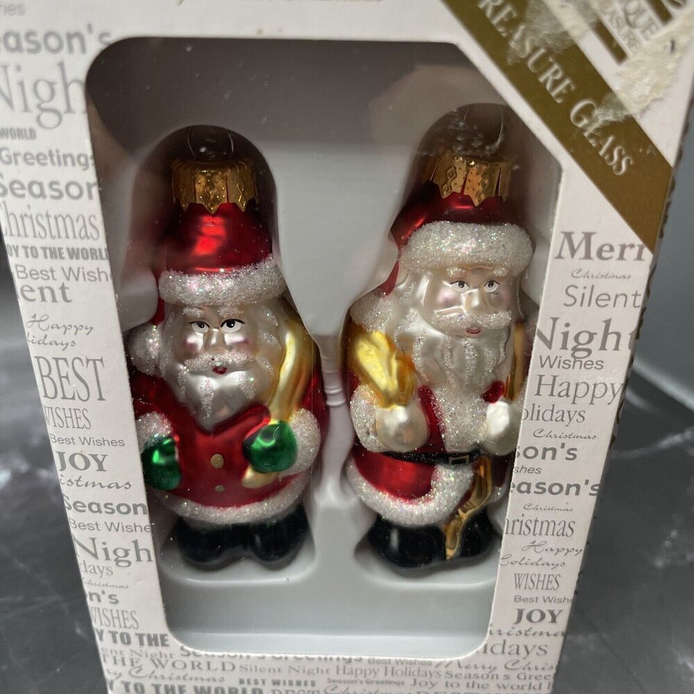 Unique Treasures Set of 2 Hand Blown Glass Christmas Ornaments Santa Shaped New‎